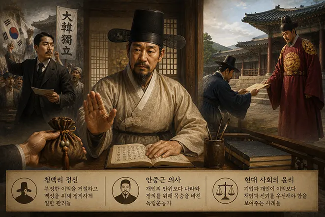 청백리 정신과 안중근 의사, 현대 윤리를 통해 견리사의의 역사적 사례를 설명하는 이미지