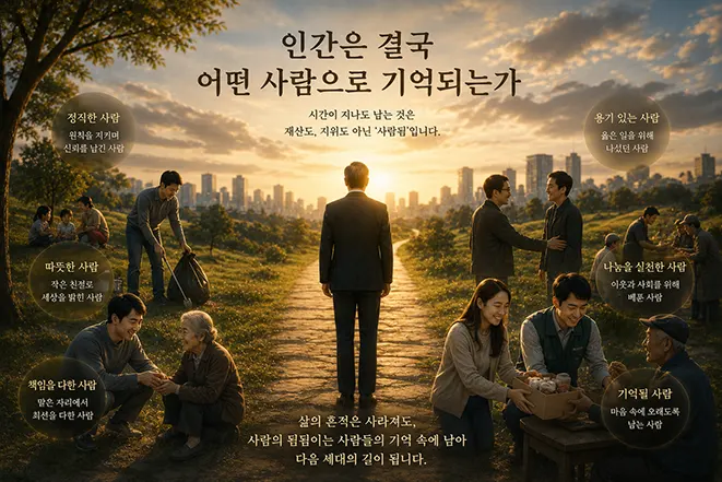 사람의 진정한 가치는 재산보다 삶의 태도와 선한 행동에 있다는 메시지를 담은 감성 이미지
