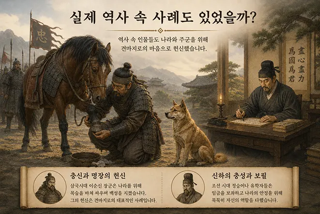 견마지로 정신이 실제 역사 속 충성과 헌신의 사례로 표현된 동양풍 이미지