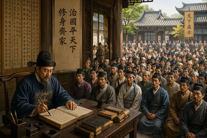 많은 제자와 선비들 앞에서 글을 쓰는 학자의 모습으로 문전성시가 역사 속에서 사용된 배경을 표현한 이미지