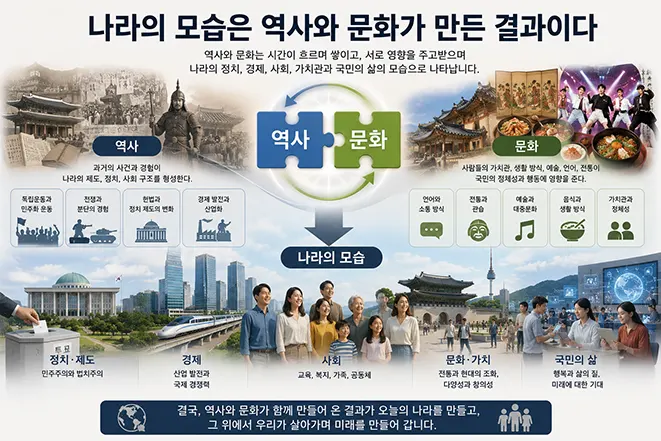 역사와 문화가 국가의 정치, 경제, 사회를 형성하는 과정을 설명하는 인포그래픽 이미지