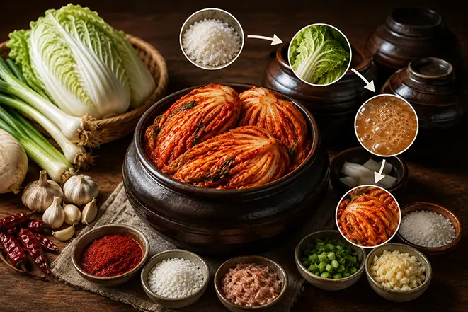 배추김치 재료와 발효 과정을 시각적으로 설명하는 김치 발효 이미지