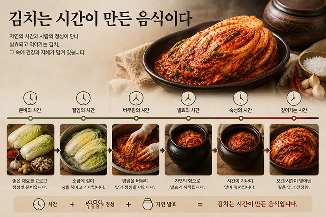 김치가 시간과 발효 과정을 통해 완성되는 모습을 설명하는 이미지