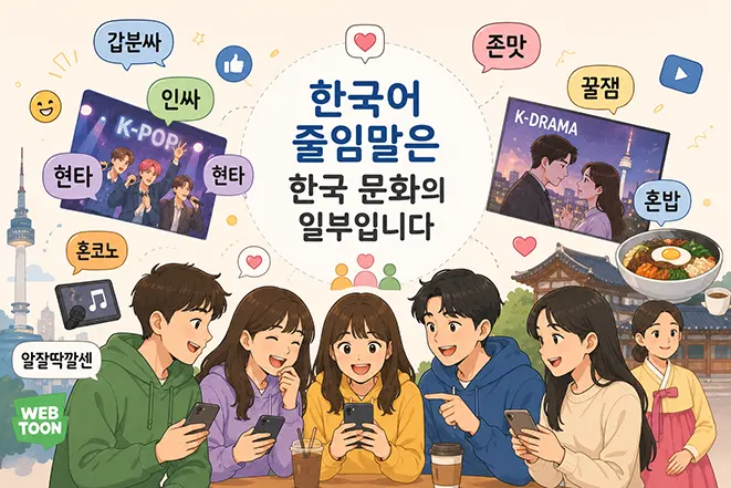한국어 줄임말이 K-POP과 드라마 등 한국 문화와 연결되어 있는 모습을 표현한 일러스트