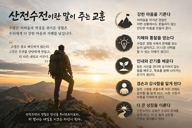 산 정상에서 해를 바라보는 인물과 함께 산전수전이 주는 인생의 교훈을 설명하는 이미지