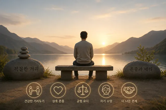 불가근불가원이 우리에게 주는 인간관계의 교훈과 균형을 표현한 호수 풍경 이미지