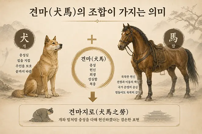 견마의 조합이 가지는 충성과 헌신의 의미를 설명하는 동양풍 사자성어 이미지