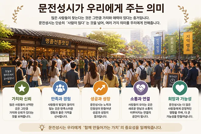 많은 사람들이 찾는 전통 찻집과 문전성시가 상징하는 가치, 신뢰, 성공, 성장, 소통을 설명하는 이미지