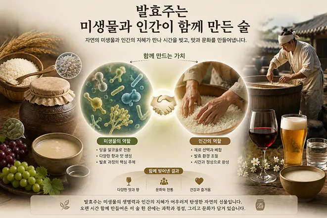 미생물과 인간의 협력을 통해 발효주가 만들어지는 과정을 표현한 이미지