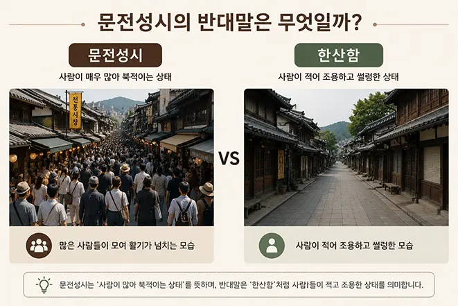 문전성시와 한산함을 비교하며 사람이 많은 거리와 사람이 없는 거리를 보여주는 이미지