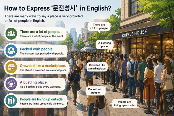 문전성시를 영어로 표현하는 방법과 사람이 많이 모인 거리 풍경을 설명하는 인포그래픽 이미지