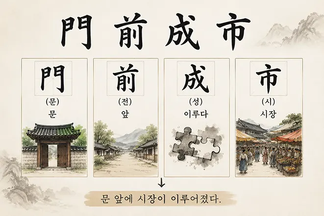 문전성시 한자의 의미를 문, 앞, 이루다, 시장으로 나누어 설명하는 교육용 이미지