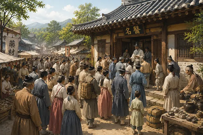 명의의 집 앞에 많은 사람들이 모여 진료를 기다리는 모습으로 문전성시의 유래를 표현한 이미지