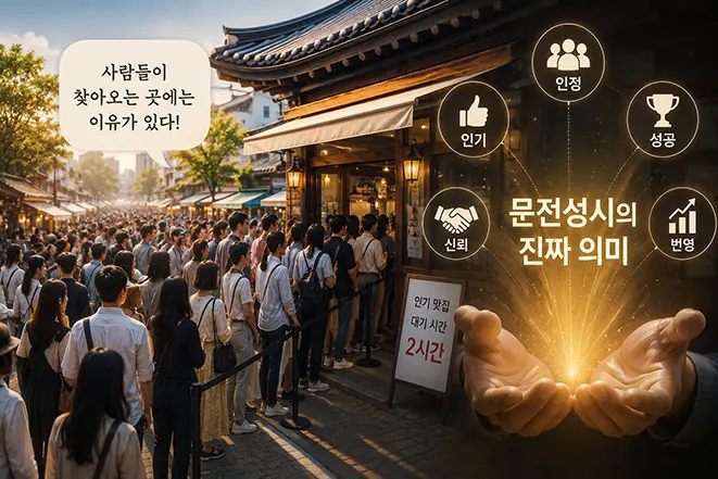 많은 사람들이 줄을 서 있는 인기 매장과 문전성시의 진짜 의미인 신뢰, 인기, 성공, 번영을 표현한 이미지