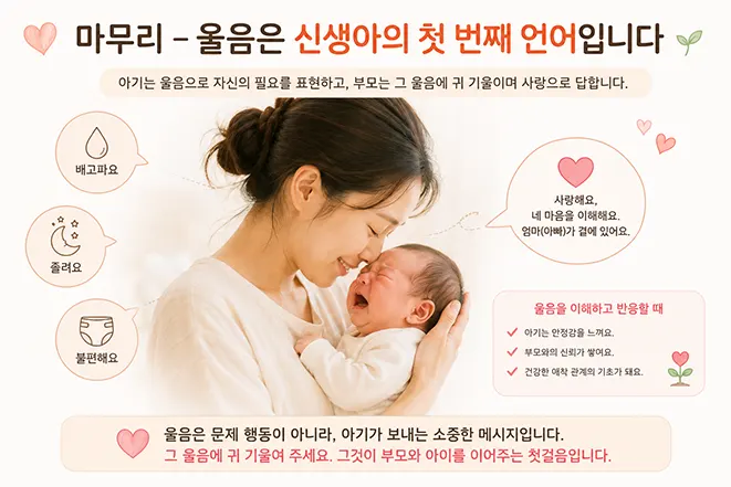 엄마 품에서 울고 있는 신생아와 함께 울음이 신생아의 첫 번째 언어임을 설명하는 육아 인포그래픽 이미지