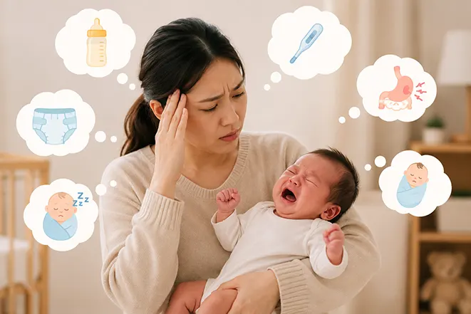 울고 있는 신생아를 안고 걱정하는 엄마와 배고픔, 졸림, 기저귀, 배앓이 등의 원인을 나타낸 육아 이미지