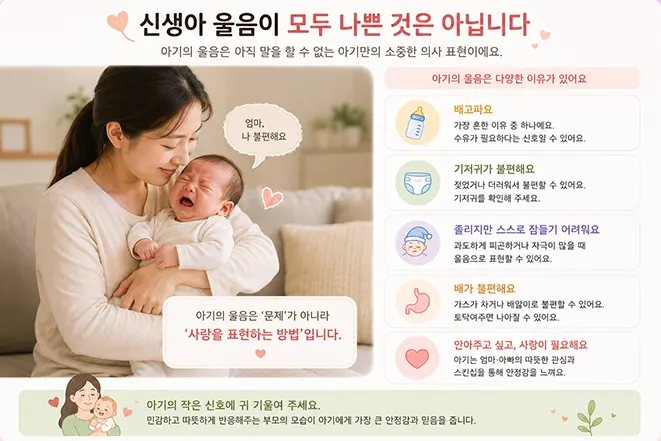 울고 있는 신생아를 따뜻하게 안아주는 엄마와 신생아 울음의 다양한 이유를 설명하는 육아 인포그래픽 이미지