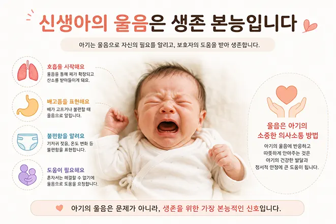 울고 있는 신생아와 함께 신생아 울음이 생존 본능임을 설명하는 육아 인포그래픽 이미지