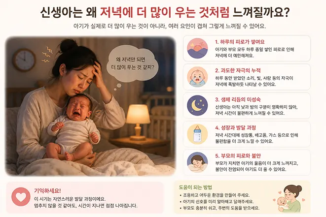 저녁 시간에 더 많이 우는 신생아와 지친 엄마의 모습을 통해 신생아의 저녁 보챔 원인을 설명하는 육아 인포그래픽 이미지