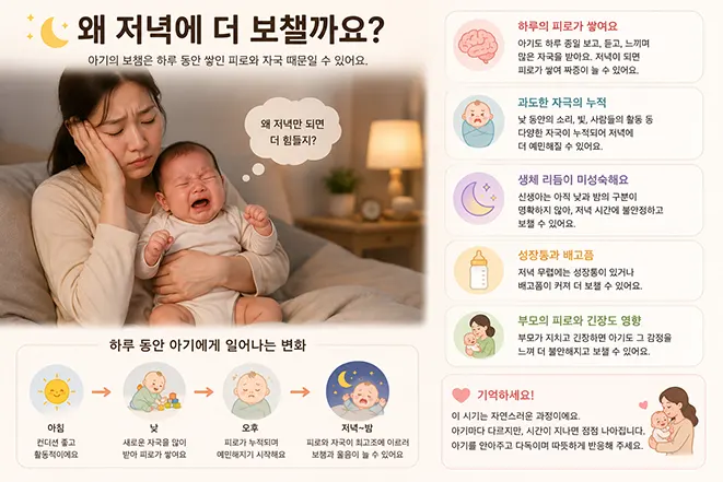 저녁 시간에 보채는 신생아와 지친 엄마의 모습을 통해 신생아의 저녁 보챔 원인을 설명하는 육아 인포그래픽 이미지