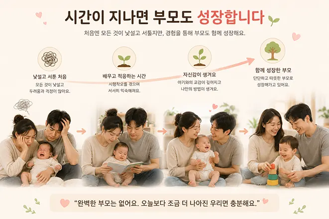 시간이 지나며 초보 부모가 점차 자신감을 얻고 아기와 함께 성장해가는 과정을 표현한 육아 인포그래픽 이미지