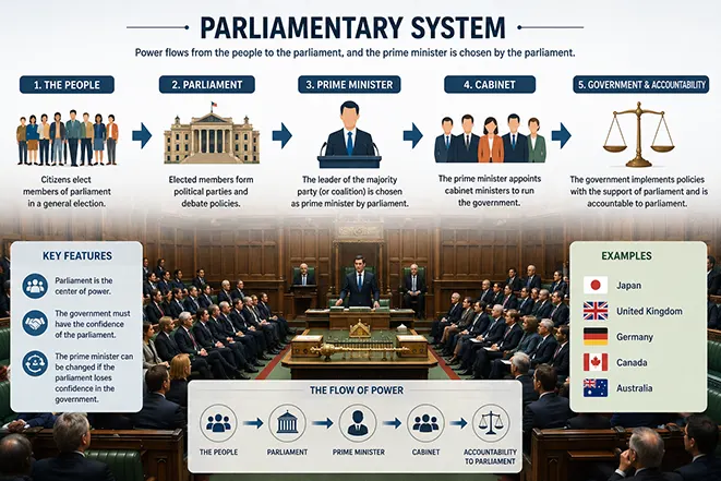 의원내각제의 구조와 총리 선출 과정을 설명하는 정치 제도 인포그래픽 이미지