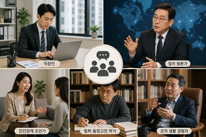 직장인, 정치 평론가, 인간관계 조언가, 철학 작가 등 불가근불가원을 자주 사용하는 사람들을 표현한 이미지