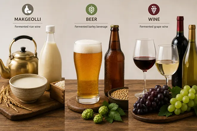 막걸리, 맥주, 와인 등 대표적인 발효 술의 종류와 원료를 보여주는 이미지