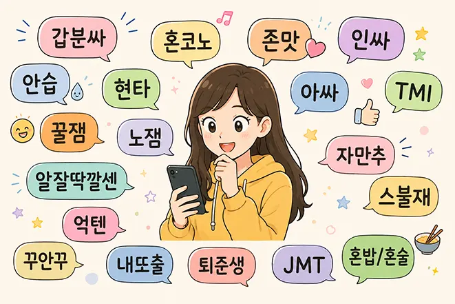 요즘 한국 젊은 세대가 자주 사용하는 줄임말과 신조어를 표현한 일러스트