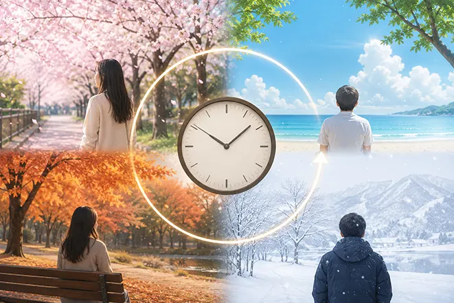 사계절과 시계가 함께 표현된 사시사철 의미 이미지