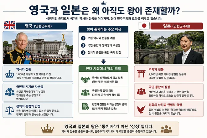 영국과 일본의 왕실 제도와 입헌군주제를 비교 설명하는 인포그래픽 이미지
