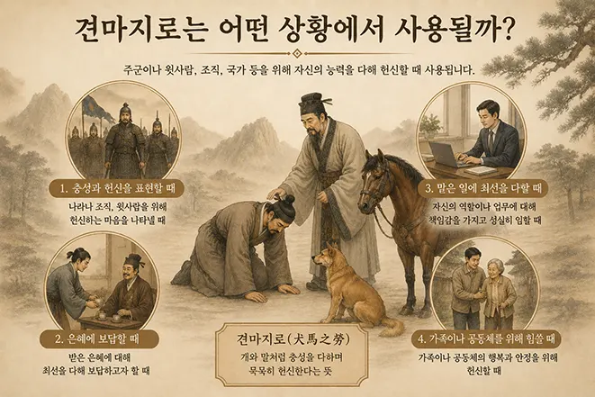 견마지로가 사용되는 다양한 상황을 설명하는 전통 동양풍 이미지