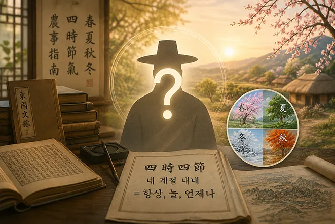 사시사철 표현의 유래와 기원을 상징적으로 표현한 전통 분위기 이미지