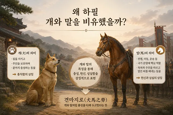 견마지로에서 개와 말을 비유로 사용한 이유를 설명하는 전통 동양풍 이미지