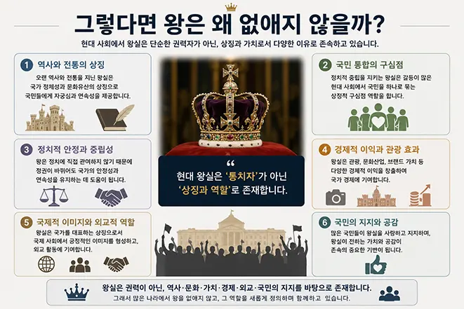 현대 사회에서 왕실이 사라지지 않는 이유를 설명하는 인포그래픽 이미지