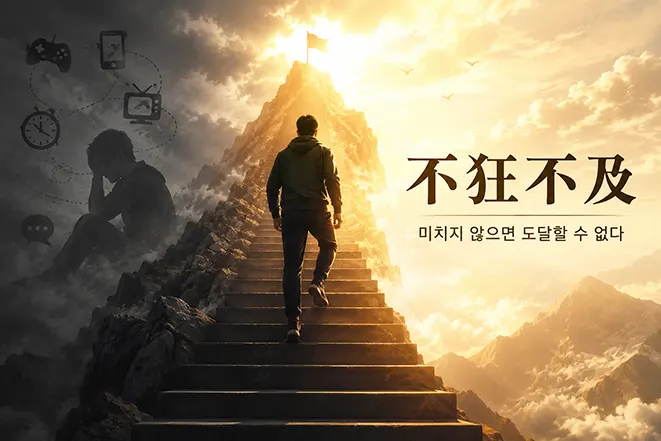 불광불급의 의미를 표현한 이미지로 계단을 올라 정상으로 향하는 인물과 미치지 않으면 도달할 수 없다는 메시지를 담은 장면