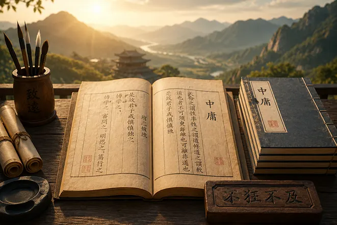 중용 고전 서적과 붓, 두루마리가 놓인 책상 위에서 불광불급의 유래를 상징적으로 표현한 이미지
