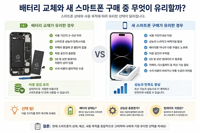 배터리 교체와 새 스마트폰 구매의 장단점을 비교하며 어떤 선택이 유리한지 설명하는 인포그래픽 이미지