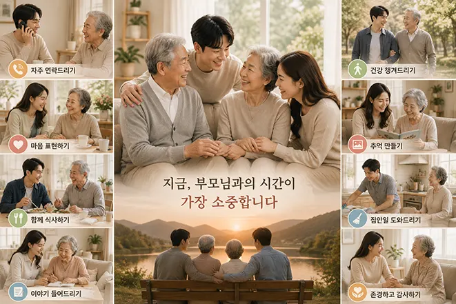 부모님과 함께 시간을 보내고 사랑과 감사를 표현하는 가족의 모습을 담은 효도 이미지