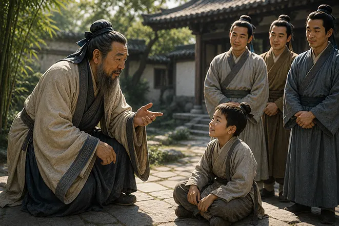 공자가 어린아이와 대화하며 배움을 나누고 제자들이 지켜보는 모습의 고전 교육 장면