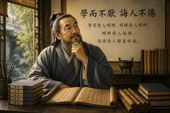 서재에서 고전을 펼쳐 놓고 깊은 사색에 잠긴 공자의 모습과 배움의 중요성을 상징하는 전통 학문 이미지