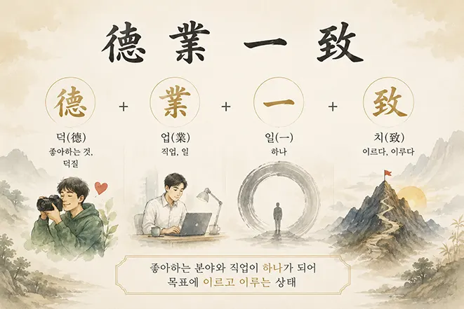 덕업일치의 한자 의미를 설명하는 이미지로 덕(德), 업(業), 일(一), 치(致)의 의미와 좋아하는 일과 직업의 일치를 표현한 일러스트