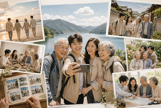 부모님과 여행과 식사, 사진 촬영 등 다양한 추억을 만들며 행복한 시간을 보내는 가족 이미지