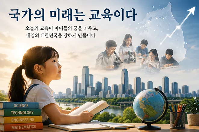 국가의 미래는 교육이라는 메시지를 표현한 이미지로 학생이 책을 읽고 과학과 기술을 학습하며 미래 사회의 성장과 발전을 상징하는 장면