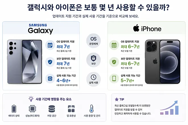 삼성 갤럭시와 애플 아이폰의 업데이트 지원 기간과 실제 사용 가능 기간을 비교한 인포그래픽 이미지