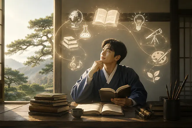 전통 한옥 서재에서 책을 읽으며 깊이 생각하는 학자의 모습과 다양한 학문의 상징이 떠오르는 학이불염 개념 이미지