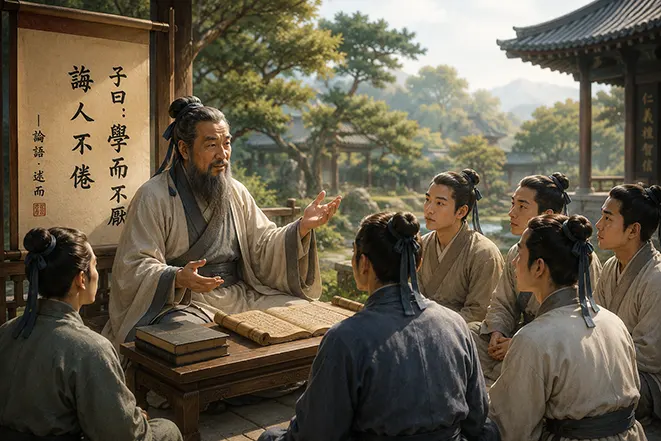 공자가 제자들에게 학이불염의 가르침을 설명하는 모습과 논어 원문이 함께 표현된 전통 교육 장면