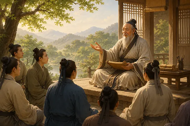 공자가 제자들에게 가르침을 전하며 회인불권의 정신을 실천하는 모습의 일러스트
