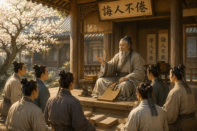 공자가 제자들에게 가르침을 전하며 회인불권과 학이불염의 정신을 설명하는 모습