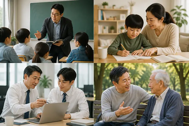 학교와 가정, 직장, 일상생활에서 지식과 경험을 나누며 가르치는 다양한 모습